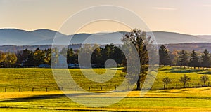 View of farm fields and distant mountains from Longstreet Observation Tower in Gettysburg, Pennsylvania.