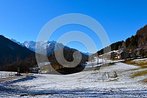 View of a farm at Srednji Vrh in Karavanke mountains