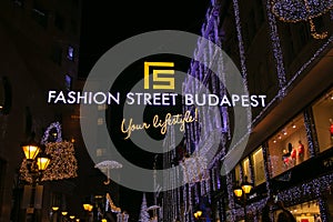 View of Fashion street with christmas decorations at night in the center of Budapest, Hungary