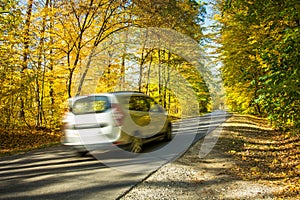 View of a fast moving car with blur effect, yellow trees and road
