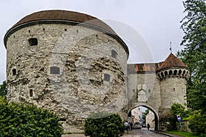 View of Fat Margaret Tower and Great Coastal Gate in the historic center of Tallinn, Estonia