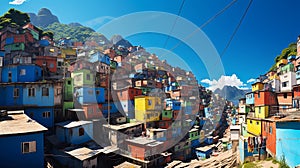 View of the favelas of Brazil, located on a hill. A lot of diverse and colorful houses