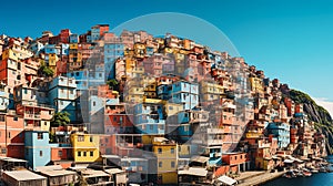 View of the favelas of Brazil, located on a hill. A lot of diverse and colorful houses