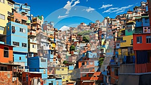 View of the favelas of Brazil, located on a hill. A lot of diverse and colorful houses are densely