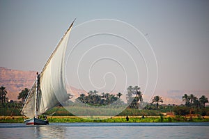 View of feluka boat sailing in the Nile river close to Luxor harbor, Egypt