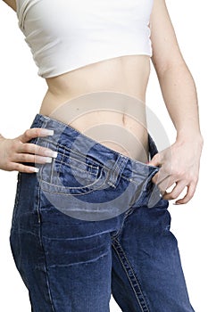 View of female became skinny and wearing old jeans