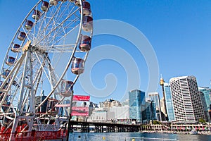 View of a ferris wheel at the Darling Harbour in Sydney, Australia on a blue sky background