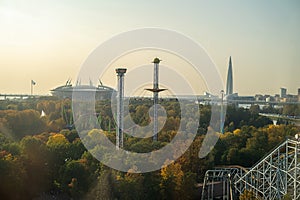 View from the Ferris wheel on Divo Island to the sides of the stadium and the lakhta center