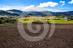 View of  the fertile lands and the beautiful mountains of the municipality of La Calera located on the Eastern Ranges of the