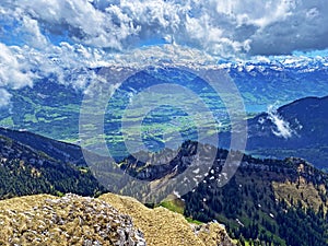 View of the fertile valley with settlemens between the Lakes Alpnachersee and Sarnersee from the Pilatus massif, Alpnach