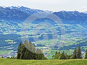 View of the fertile valley with settlemens between the Lakes Alpnachersee and Sarnersee from the Pilatus massif, Alpnach