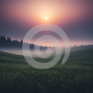 View of a field with a foggy sunset in the background.