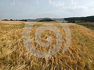 View on field and village Emmelshausen in background in german region Hunsrueck