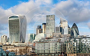 A view of financial district skyscrapers of the city of London,