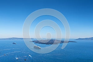 View From Fira To The Volcano In Santorini, Greece