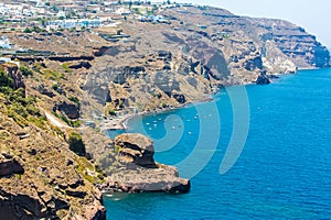 View of Fira town - Santorini island,Crete,Greece. White concrete staircases