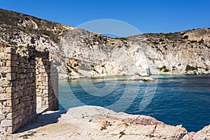 View of Firopotamos village at Milos island, Cyclades, Greece.