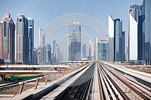 View from first railway carriage. Dubai city metro