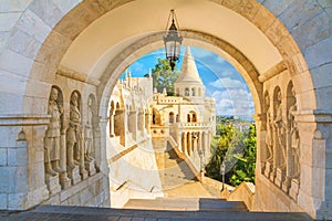 View on the Fisherman`s Bastion. Arch gallery and Arpad-era warrior statues with staircase