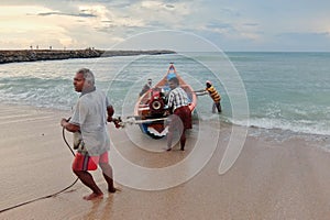 View of a fishermen with fishing boats in Kanyakumari.