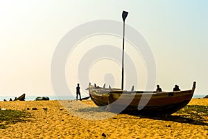 View of Fishing boats on beautiful sea shore at sunrise or sunset