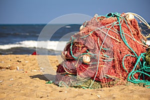 View of fishing nets used by fishermen ready for use, Kovalam Beach, Chennai