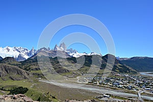 View of Fitz Roy peak from the town of El ChaltÃÂ©n, in Los Glaciares National Park, Argentina photo