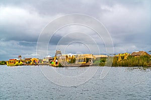 View of Floating Islands of Uros with Uru or Uros people and Reed Boats