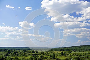 View of the floodplain of the Berezina River from a high hill. Forest distances and the horizon.