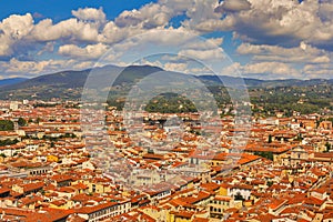 View of Florence and the basilica of Santa Croce. Aerial view. City of Florence in the Tuscany region in Italy and the dome of the