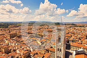 View of Florence and the basilica of Santa Croce. City of Florence in the Tuscany region in Italy and the dome of the Cathedral wi