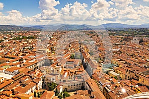 View of Florence and the basilica of Santa Croce. Panoramic view, aerial skyline of Florence Firenze Cathedral of Santa Maria del