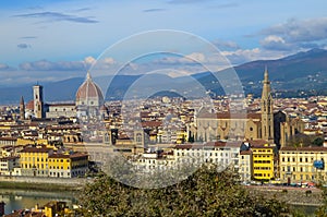 View of Florence in Italy with an old palace and dome of Cathedral from Michelangelo Square