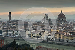 View of Florence old town in fogy morning