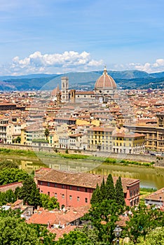 View of Florence from Piazzale Michelangelo - River Arno and Duomo Santa Maria Del Fiore and Bargello - Tuscany, Italy