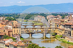 View of Florence from Piazzale Michelangelo - River Arno with Ponte Vecchio and Palazzo Vecchio - Tuscany, Italy