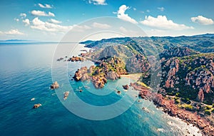 View from flying drone. Aerial morning view of Li Cossi beach. Wonderful summer scene of Costa Paradiso, Sardinia island, Italy, E