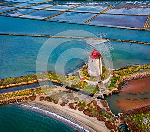 View from flying drone. Attractive summer view of popular tourist attraction - Imbarcadero Storico Mothia. Beautiful morning scene photo