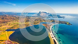 View from flying drone. Awesome summer view of La Cinta beach. Perfect morning scene of Sardinia island, Italy, Europe. Aerial Med