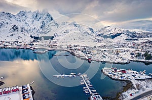 View from flying drone of Ballstad port, Norway, Europe