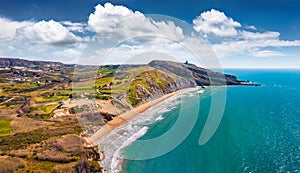 View from flying drone. Bright morning view of Giallonardo Beach. Picturesque spring seascape of Mediterranean sea, Sicily, Italy,