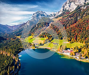 View from flying drone. Exciting autumn scene of Hintersee lake, Germany, Europe. Aerial morning view of Bavarian Alps. Beauty of