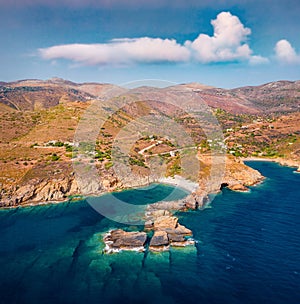 View from flying drone of Exo Kapi beach. Superb outdoor scene of Peloponnese peninsula, Greece,