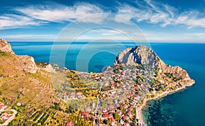 View from flying drone. Gorgeous morning view of Zafferano cape. Exciting spring seascape of Mediterranean sea, Sicily, Italy, Eur