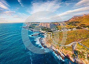 View from flying drone. Gorgeous spring scene of Sicily, San Vito cape, Italy, Europe. Captivating morning seascape of Mediterrane