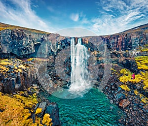 View from flying drone of Gufufoss Gufu Waterfall. Amazing midnight sun scene of typical volcanic landscape of Iceland, Europe.