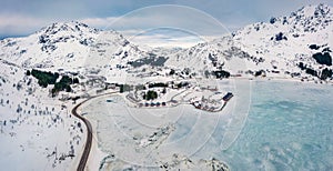 View from flying drone of Kongsjordpollen fjord, Vestvagoy, Norway, Europe