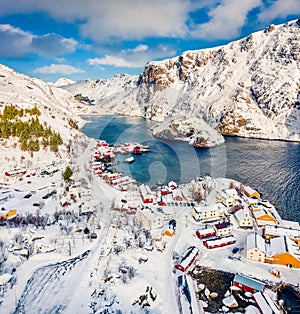 View from flying drone of Nusfjord town, Norway, Europe.