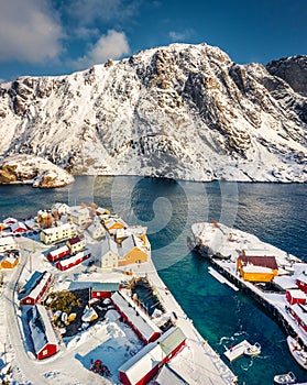 View from flying drone of Nusfjord town, Norway, Europe. Amazing winter landscape of Lofoten Islands.