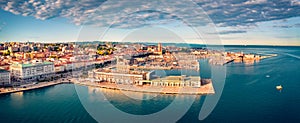 View from flying drone of quay of Trieste city, Italy